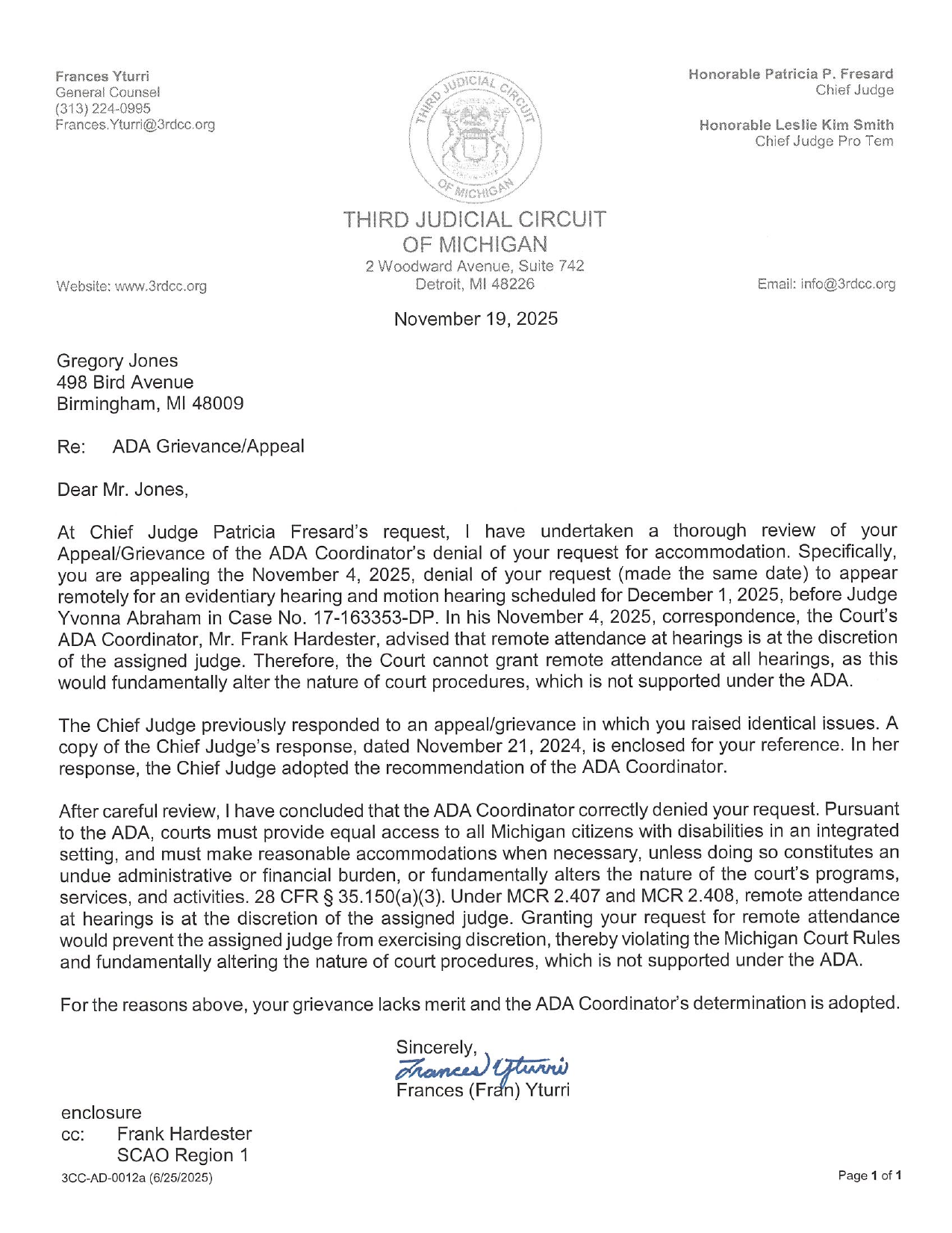 ADA Grievance/Appeal Response, page 1, November 19, 2025