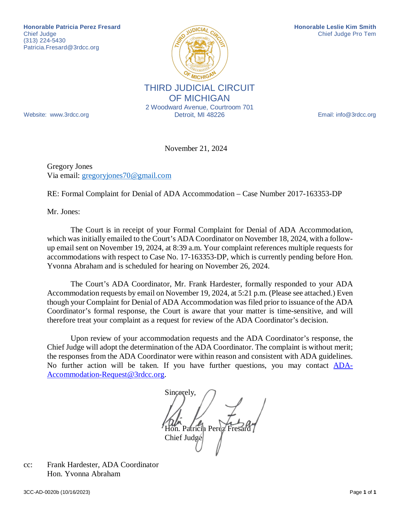 Formal Complaint for Denial of ADA Accommodation response, page 1, November 21, 2024