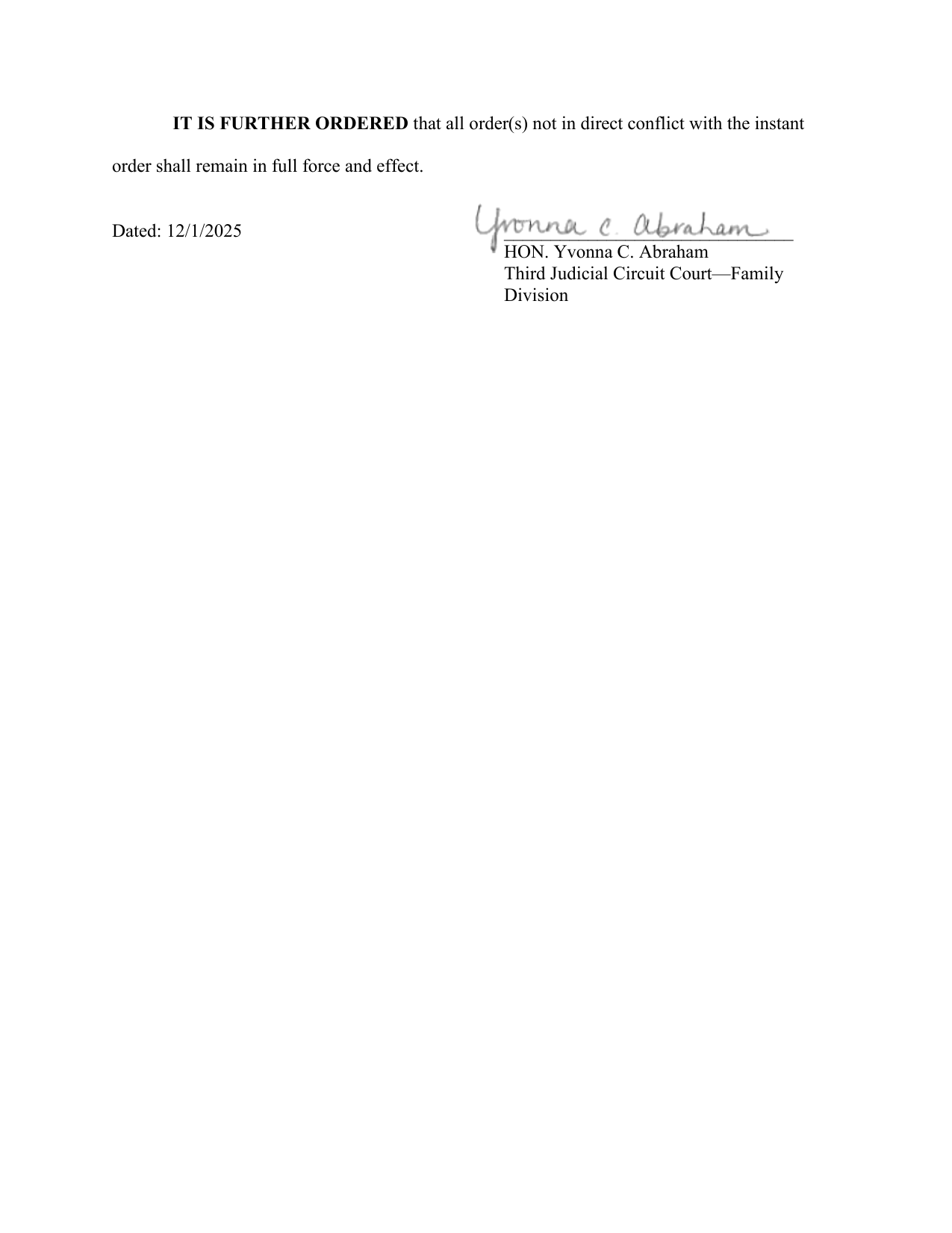 Order Following Hearing, page 2, signed by Judge Yvonna C. Abraham, December 1, 2025