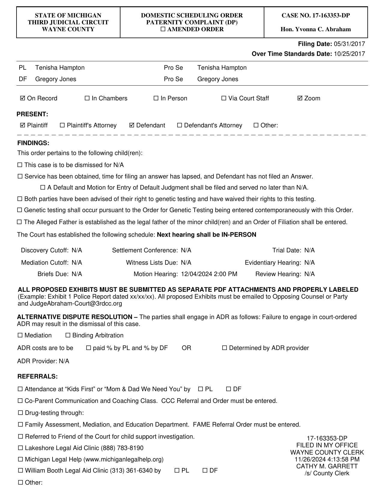 Domestic Scheduling Order, page 1, Case No. 17-163353-DP, November 26, 2024