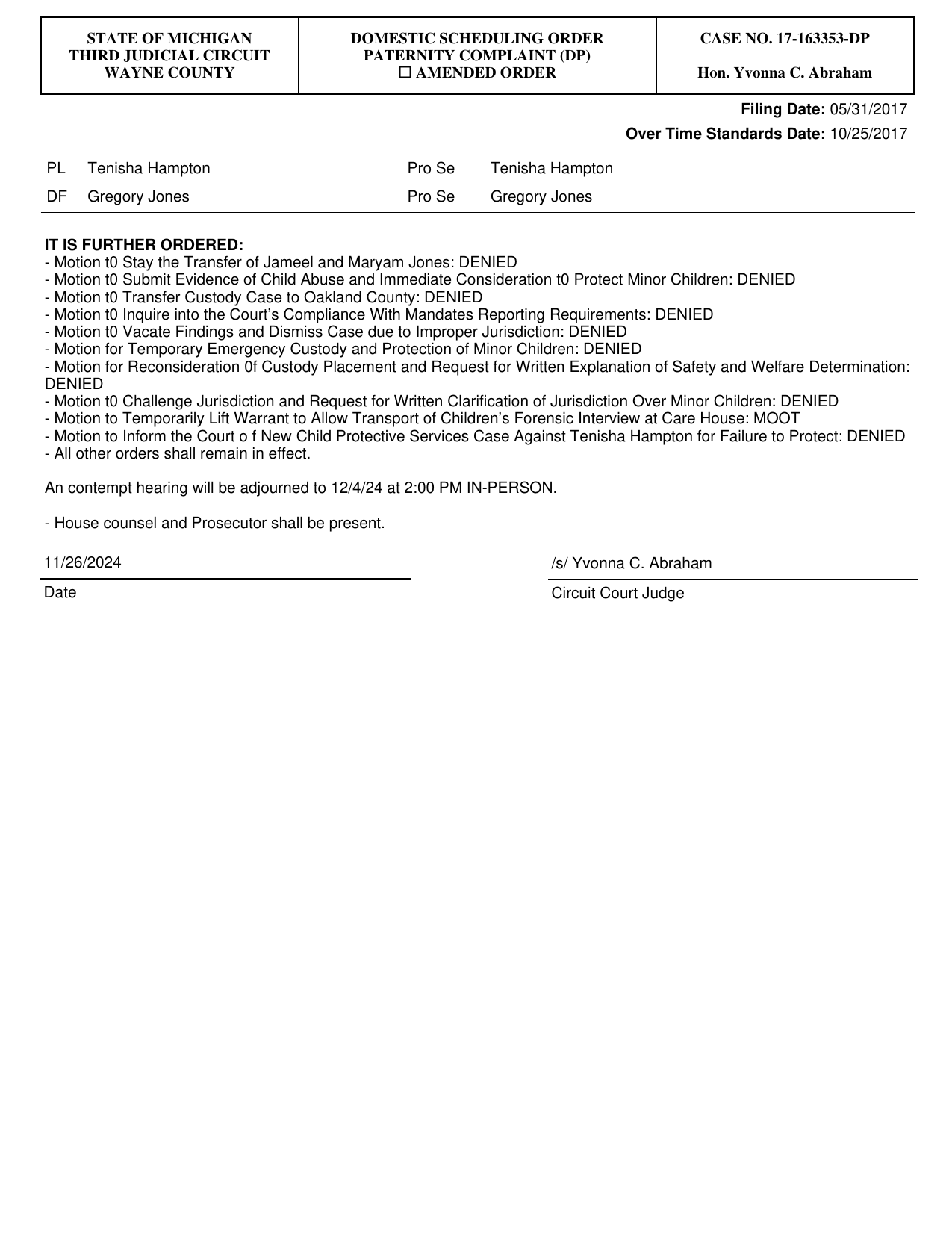 Domestic Scheduling Order, page 2, listing all ten motions denied or ruled moot, signed by Judge Yvonna C. Abraham, November 26, 2024
