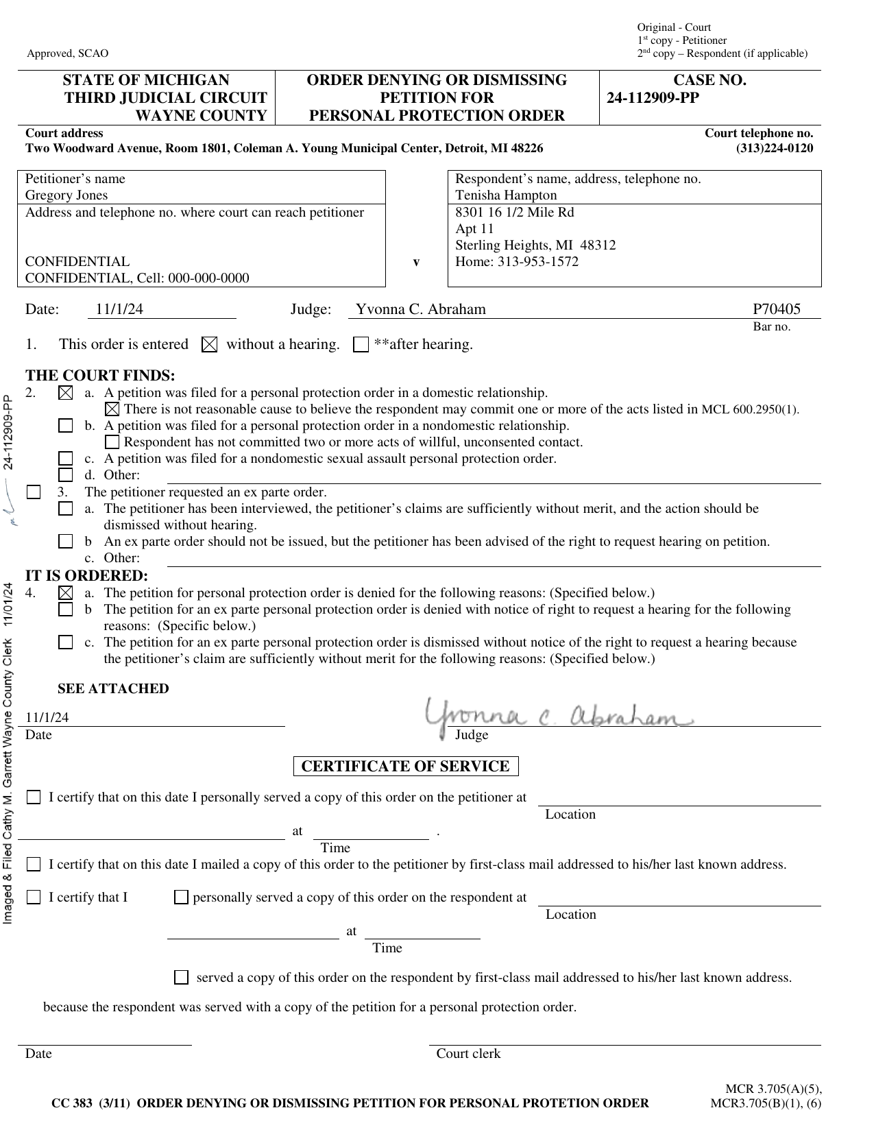 Order Denying or Dismissing Petition for Personal Protection Order, page 1, signed by Judge Yvonna C. Abraham, November 1, 2024