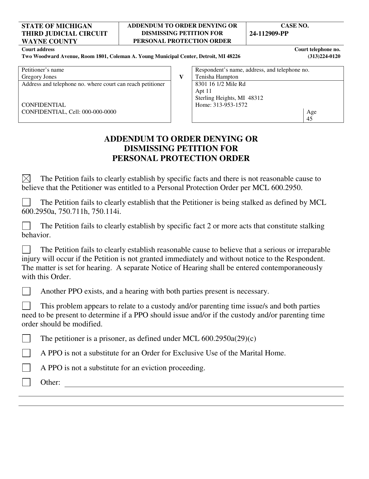 Addendum to Order Denying or Dismissing Petition for Personal Protection Order, page 2